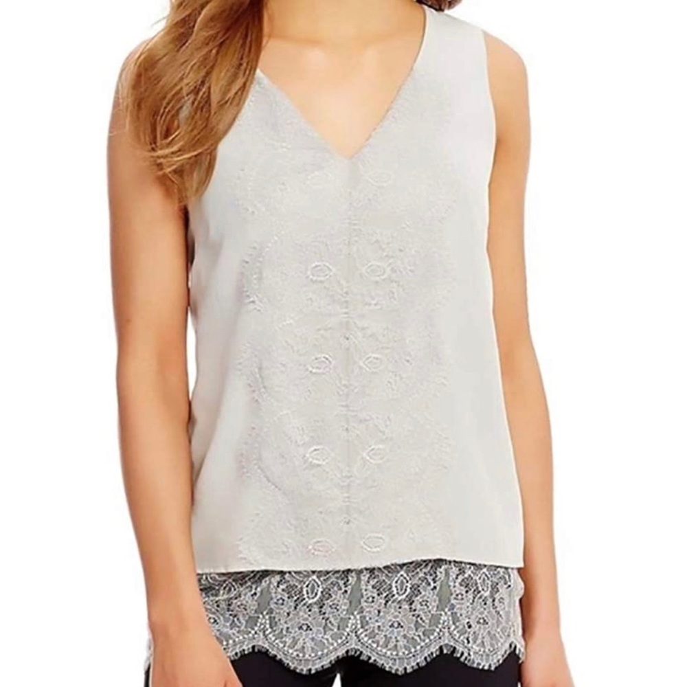 Antonio Melani Felicity Silk Tank Lace V-Neck Light Gray Sleeveless Top NWT XS